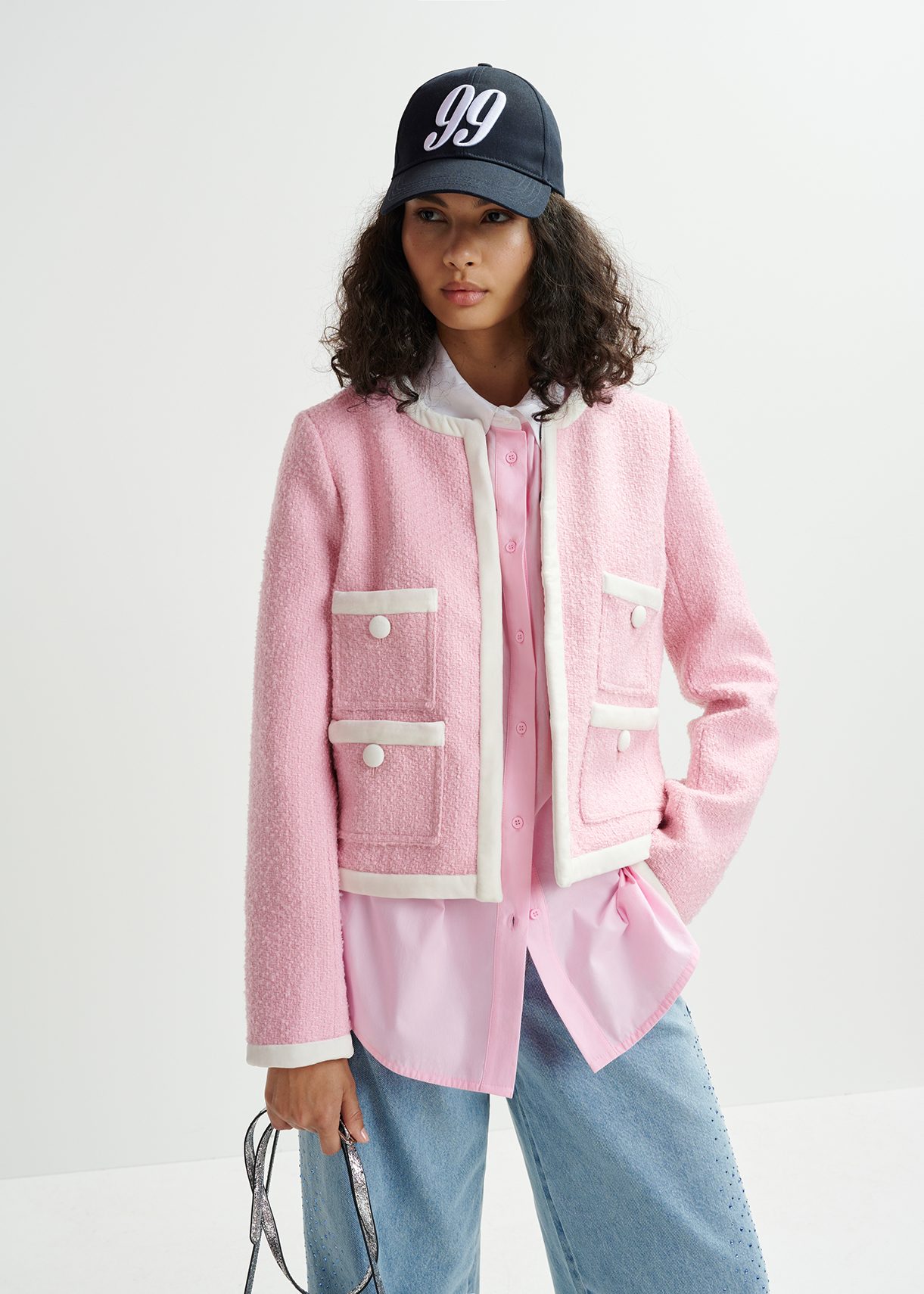 Pink and white tweed jacket with velvet trims | Essentiel Antwerp