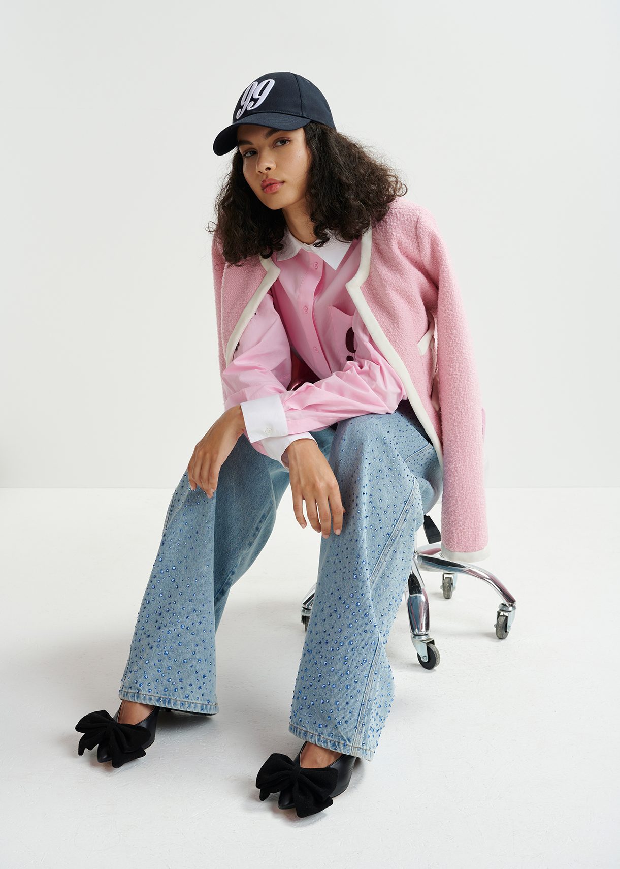 Pink and white tweed jacket with velvet trims | Essentiel Antwerp