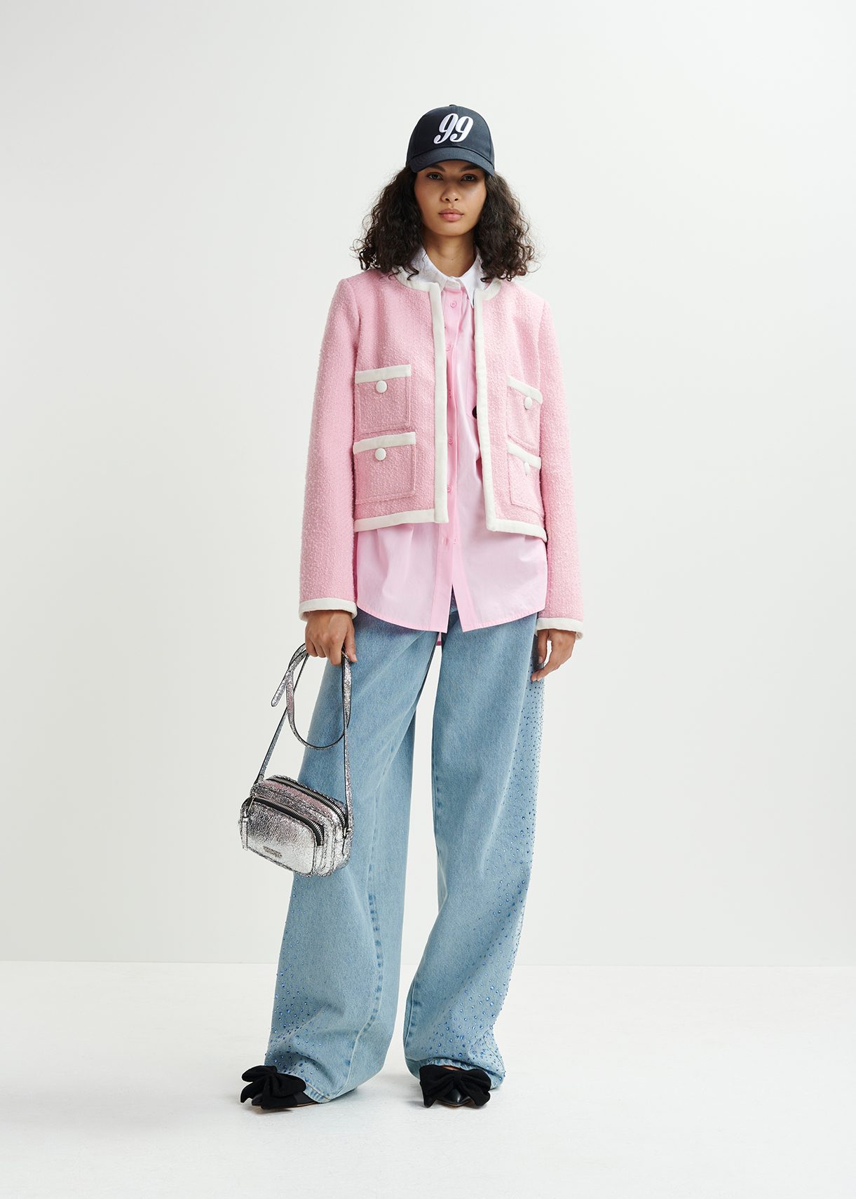 Pink and white tweed jacket with velvet trims | Essentiel Antwerp