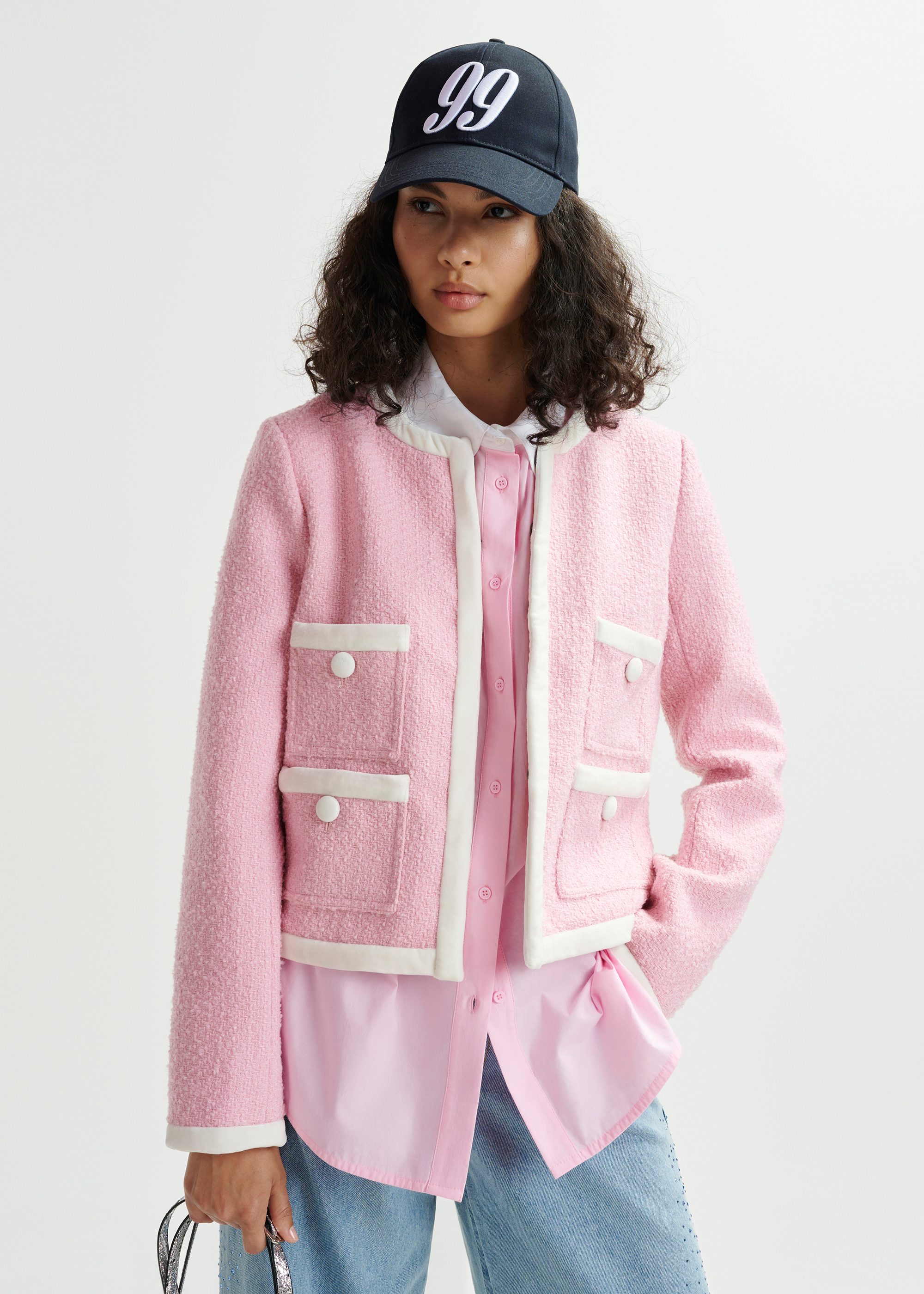 Pink and white tweed jacket with velvet trims | Essentiel Antwerp