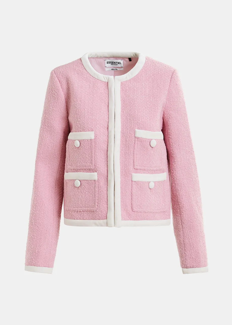 Giacca in tweed rosa e bianca con finiture in velluto