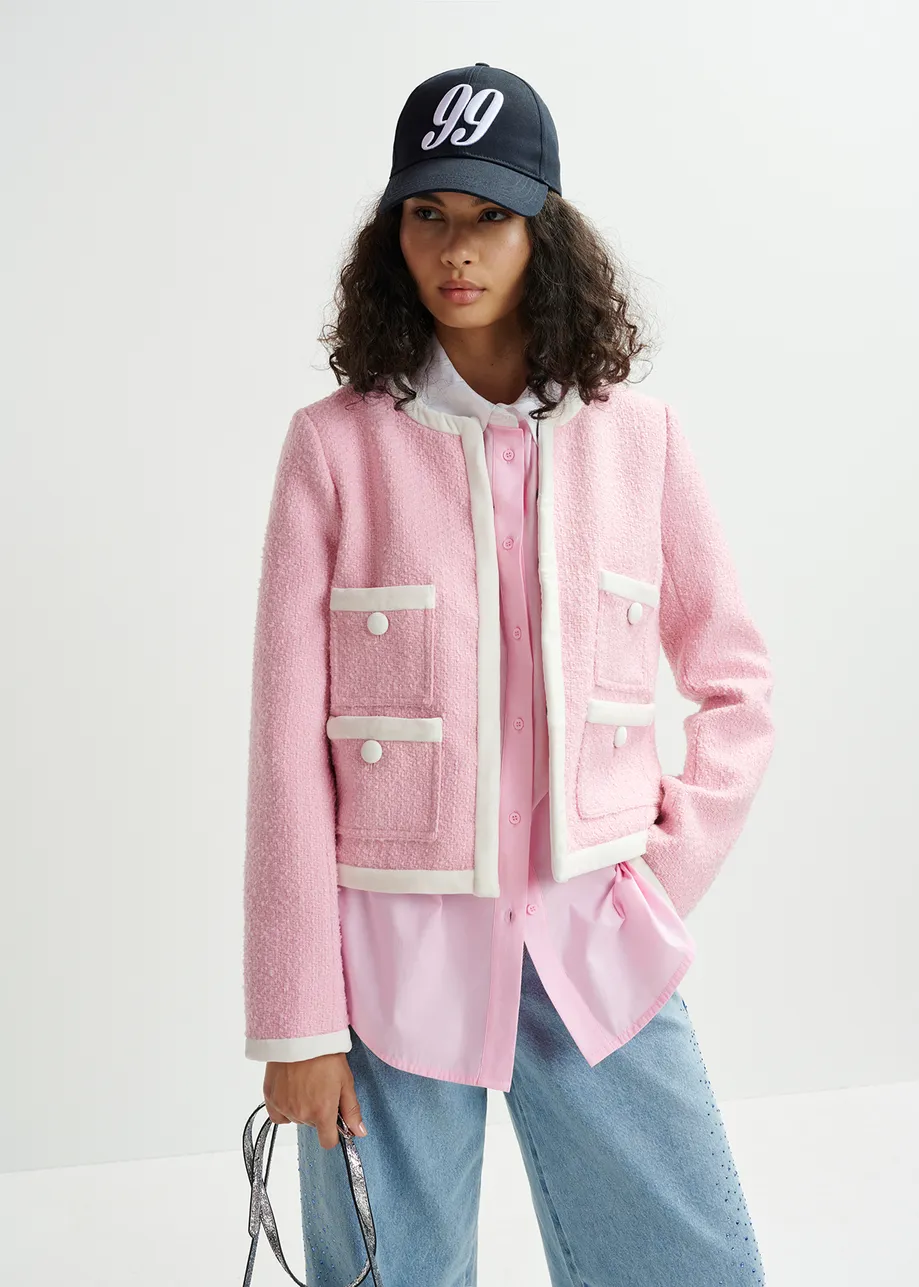 Pink and white tweed jacket with velvet trims