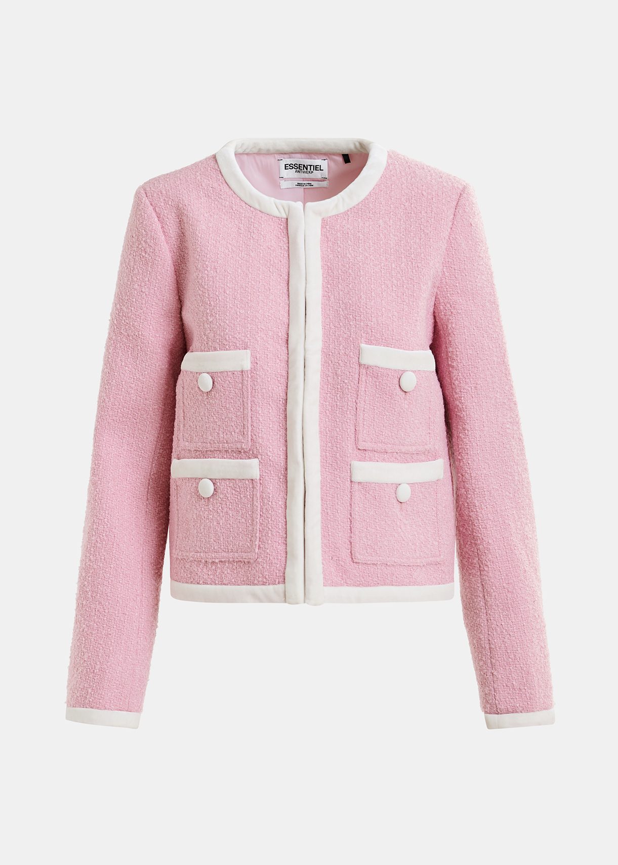 Roze en wit tweed jasje met fluwelen boorden