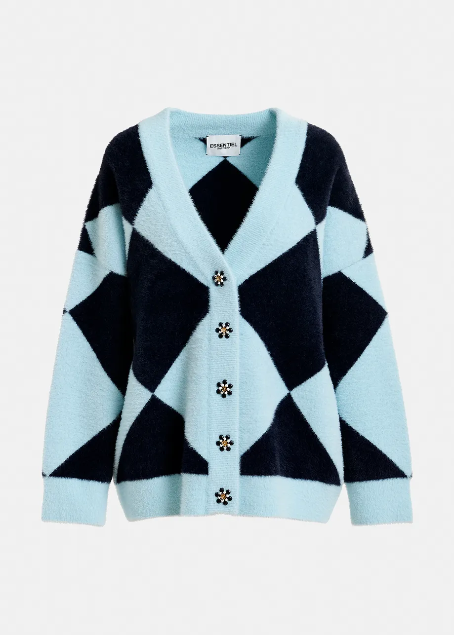 Blue harlequin-patterned knit cardigan with flower-shaped buttons

