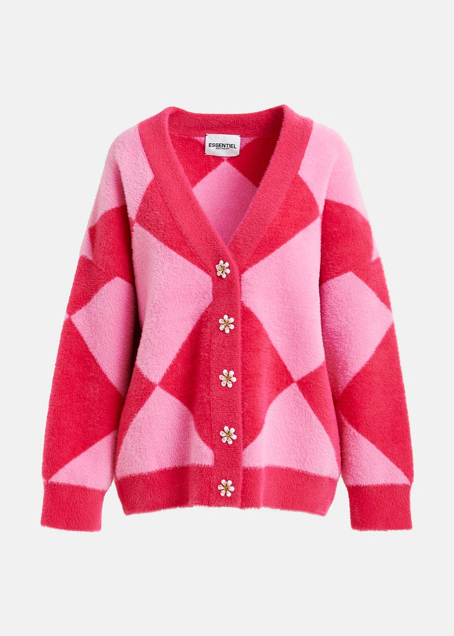 Pink harlequin-patterned knit cardigan with flower-shaped buttons

