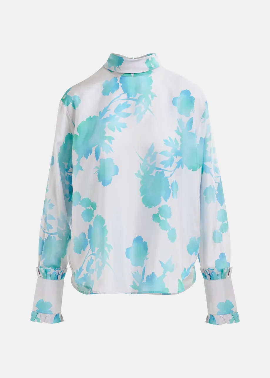 Top in seta con stampa floreale bianco sporco e blu