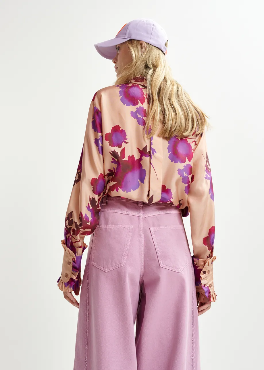 Top de seda con estampado floral, rosa empolvado y morado