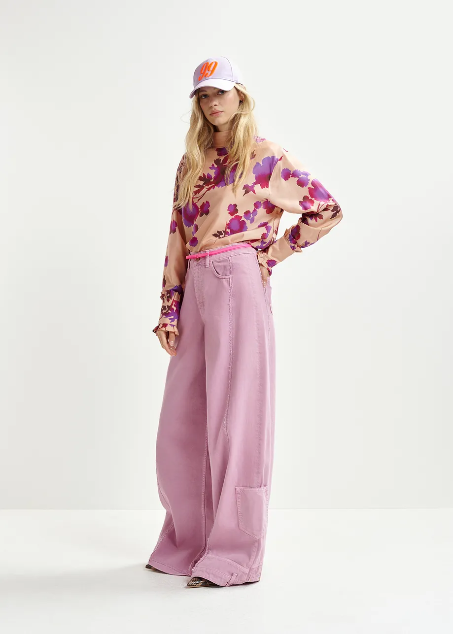 Dusty pink and purple floral-print silk top