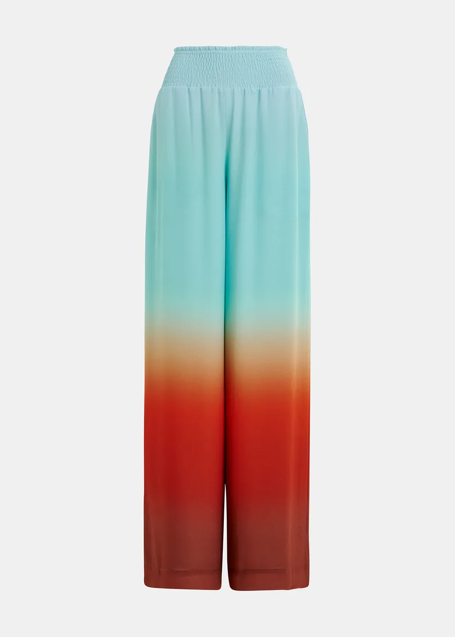 Light blue and burned orange wide-leg pant with tie-dye print