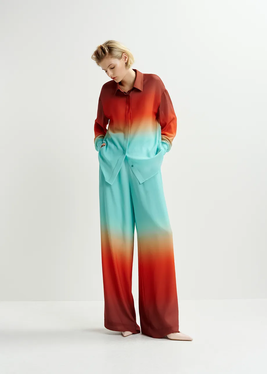 Light blue and burned orange wide-leg pant with tie-dye print