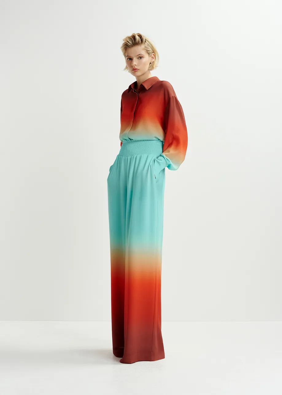 Light blue and burned orange wide-leg pant with tie-dye print