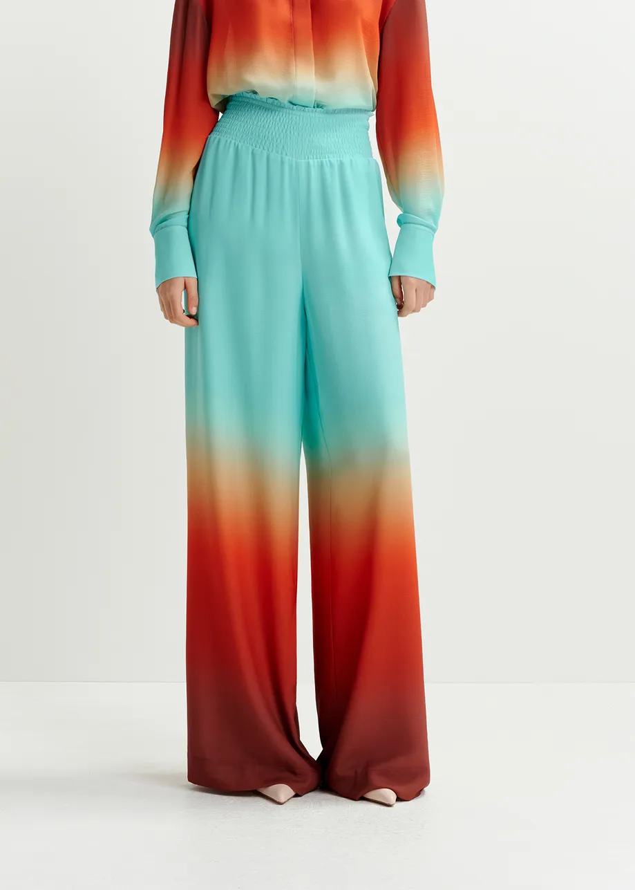 Light blue and burned orange wide-leg pant with tie-dye print