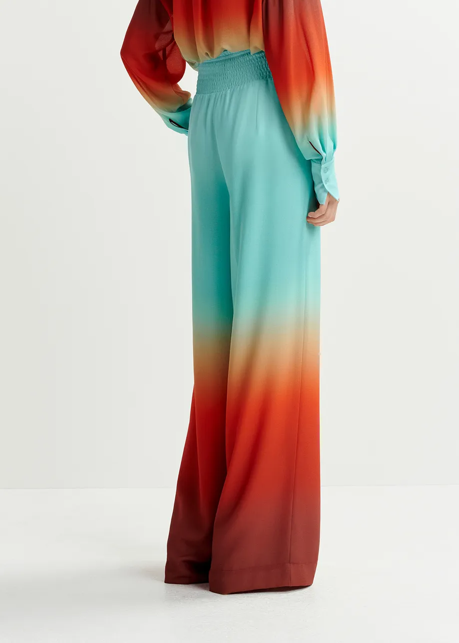 Light blue and burned orange wide-leg pant with tie-dye print