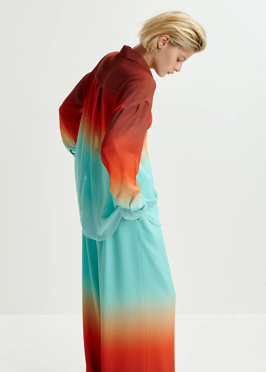 Light blue and burned orange wide-leg pant with tie-dye print