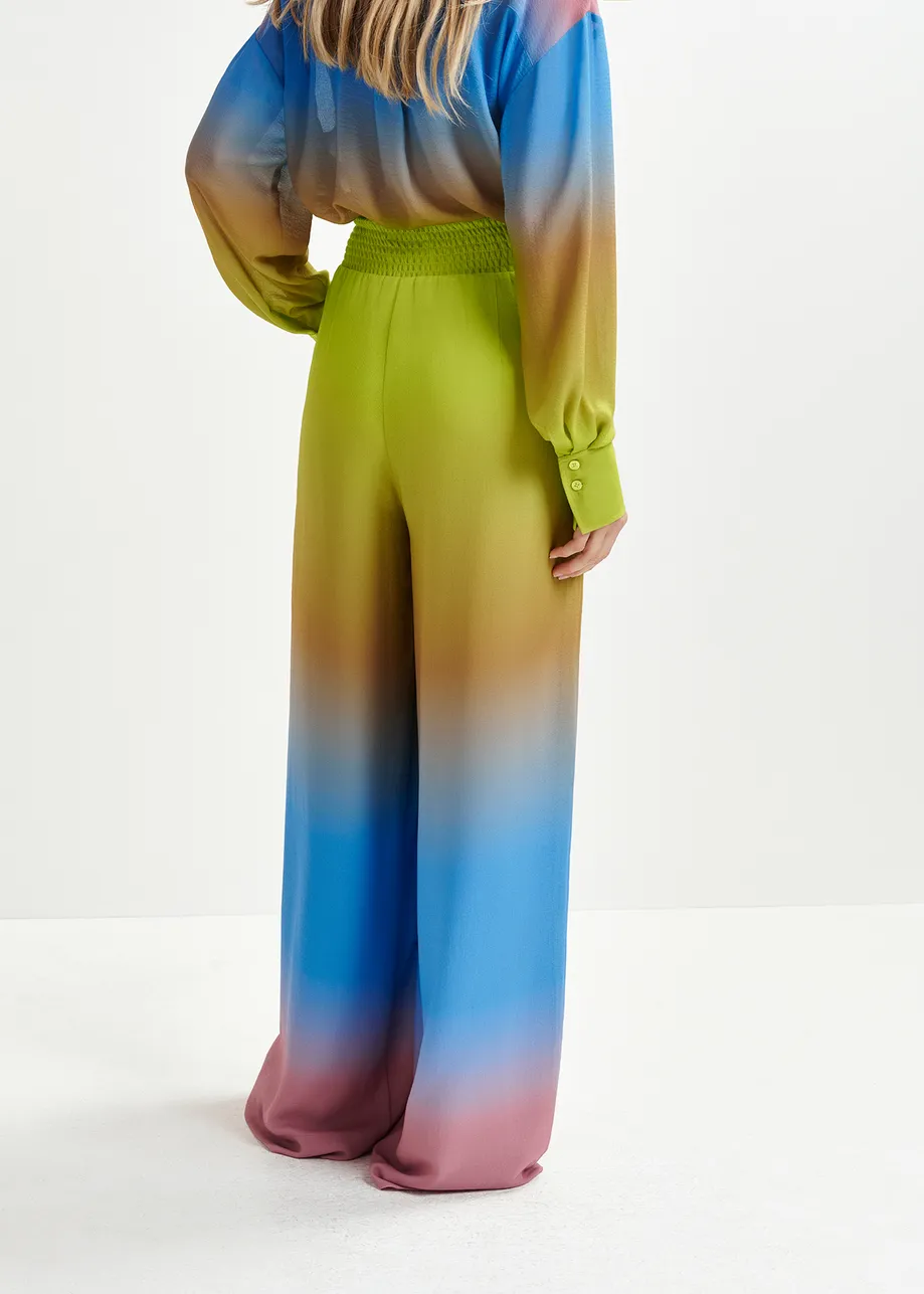 Yellow, blue and vintage pink wide-leg pants with tie-dye print