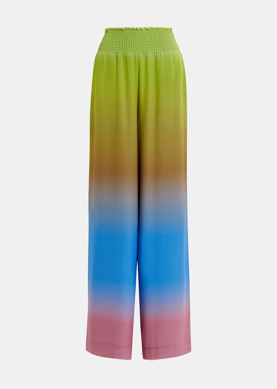 Yellow, blue and vintage pink wide-leg pants with tie-dye print