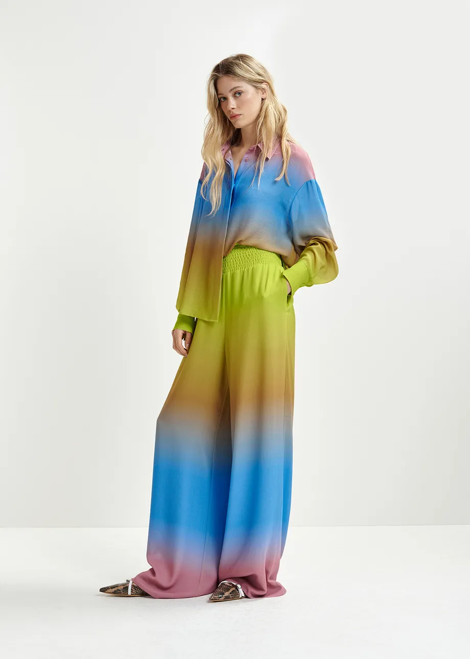 Gele, blauwe en oudroze wijde broek met tie-dyeprint