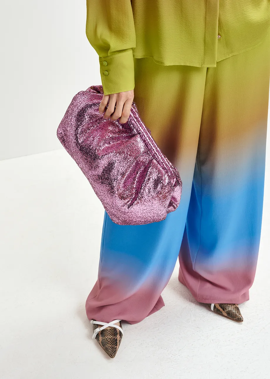 Yellow, blue and vintage pink wide-leg pants with tie-dye print