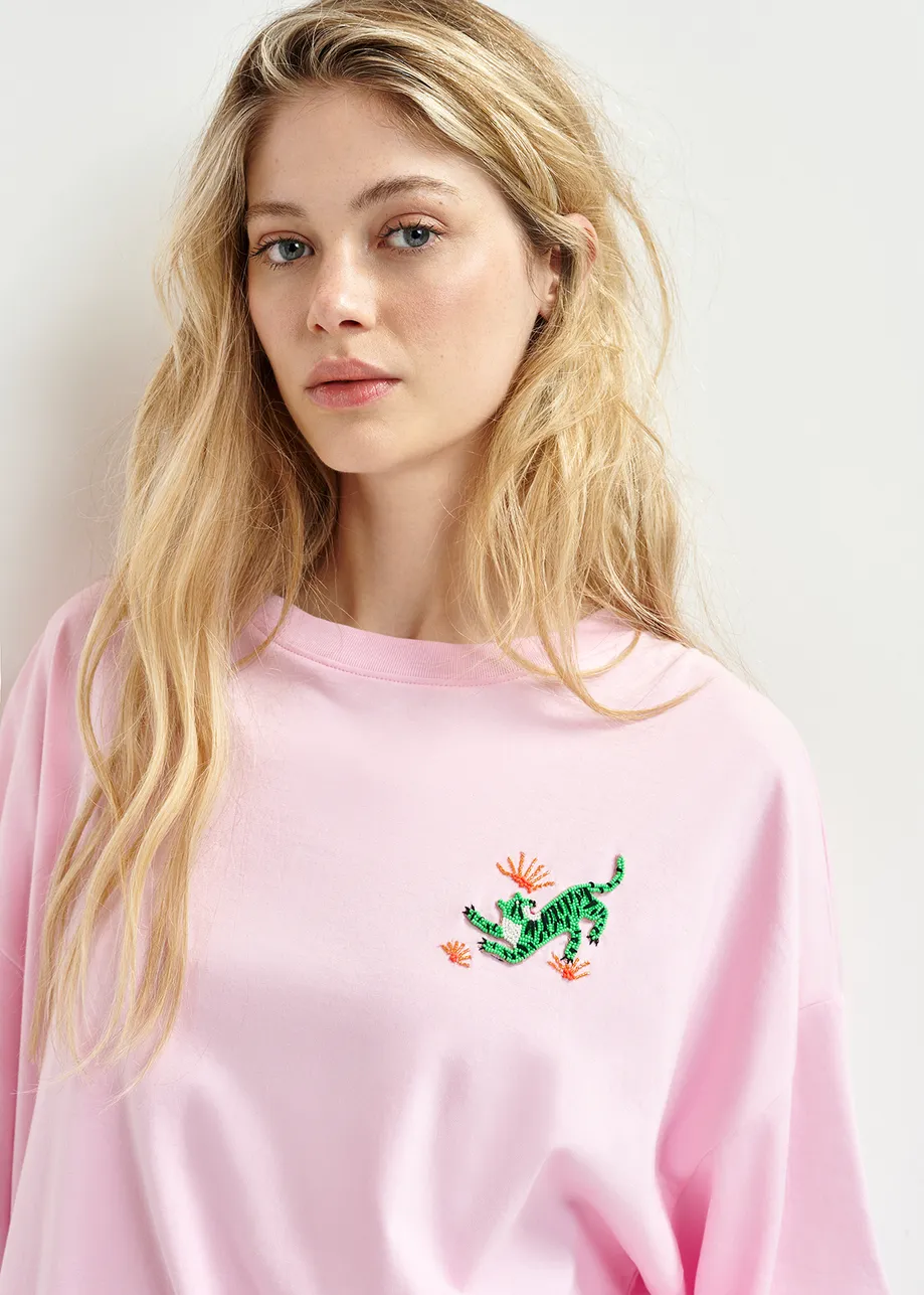 T-shirt en coton bio rose clair à broderie