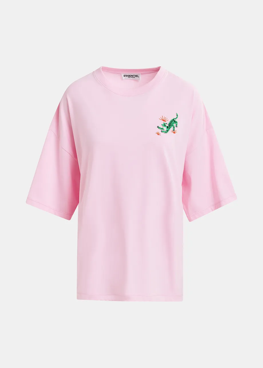 T-shirt en coton bio rose clair à broderie