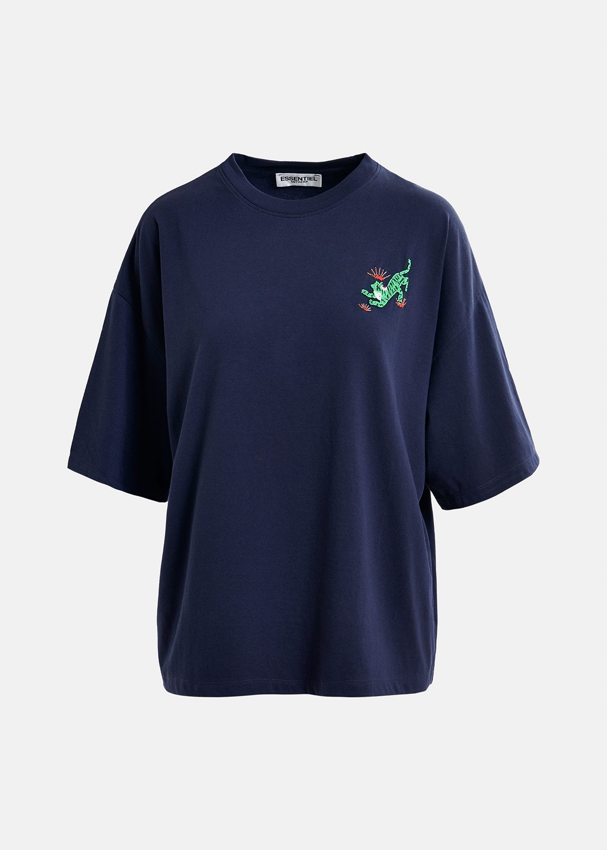 Donkerblauw biokatoenen T-shirt met borduurwerk