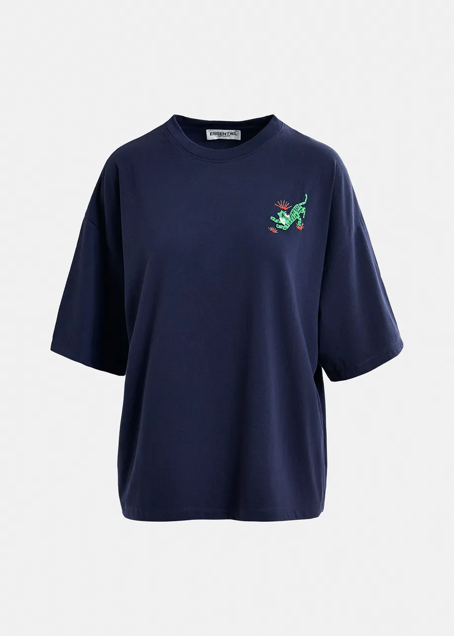 Dark blue organic cotton T-shirt with bead embroidery