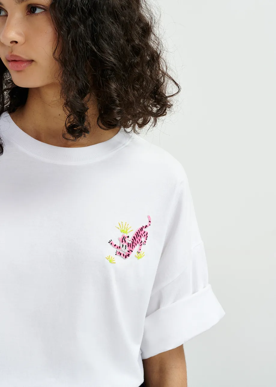 White organic cotton T-shirt with bead embroidery