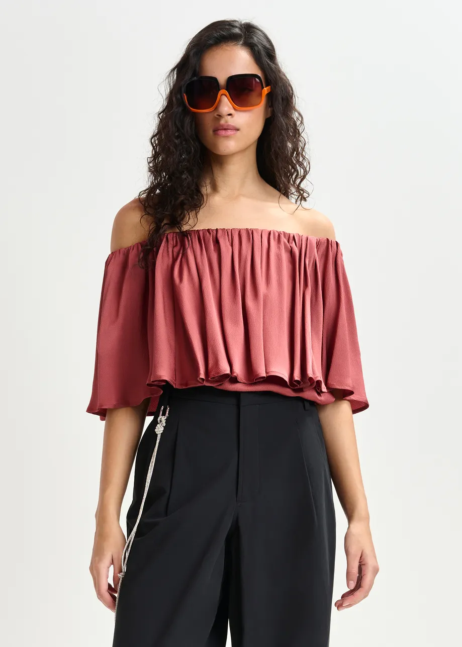 Rust red off-the-shoulder ruffle top
