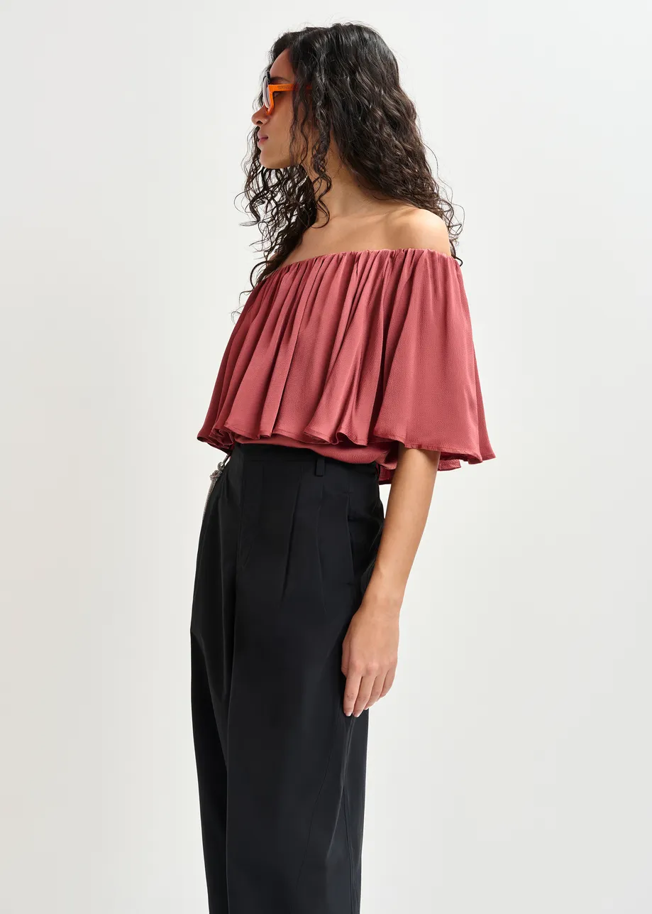 Rust red off-the-shoulder ruffle top