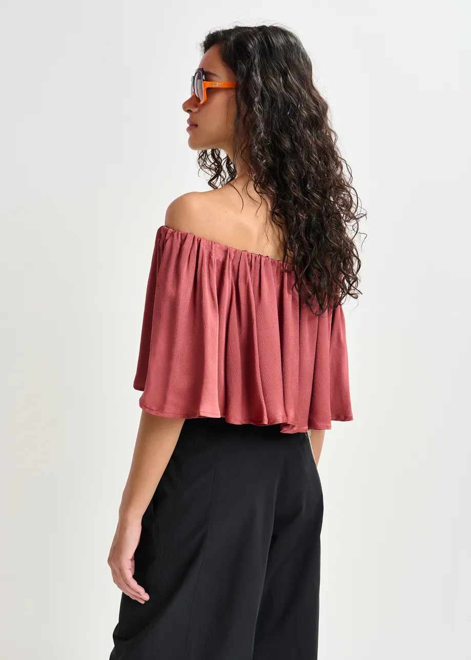 Rust red off-the-shoulder ruffle top