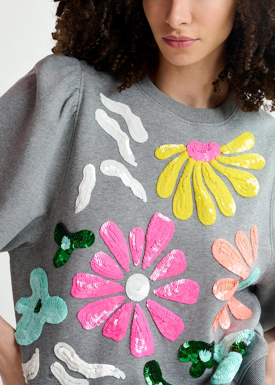 Grey organic cotton sweatshirt with multicolored sequin embroideries