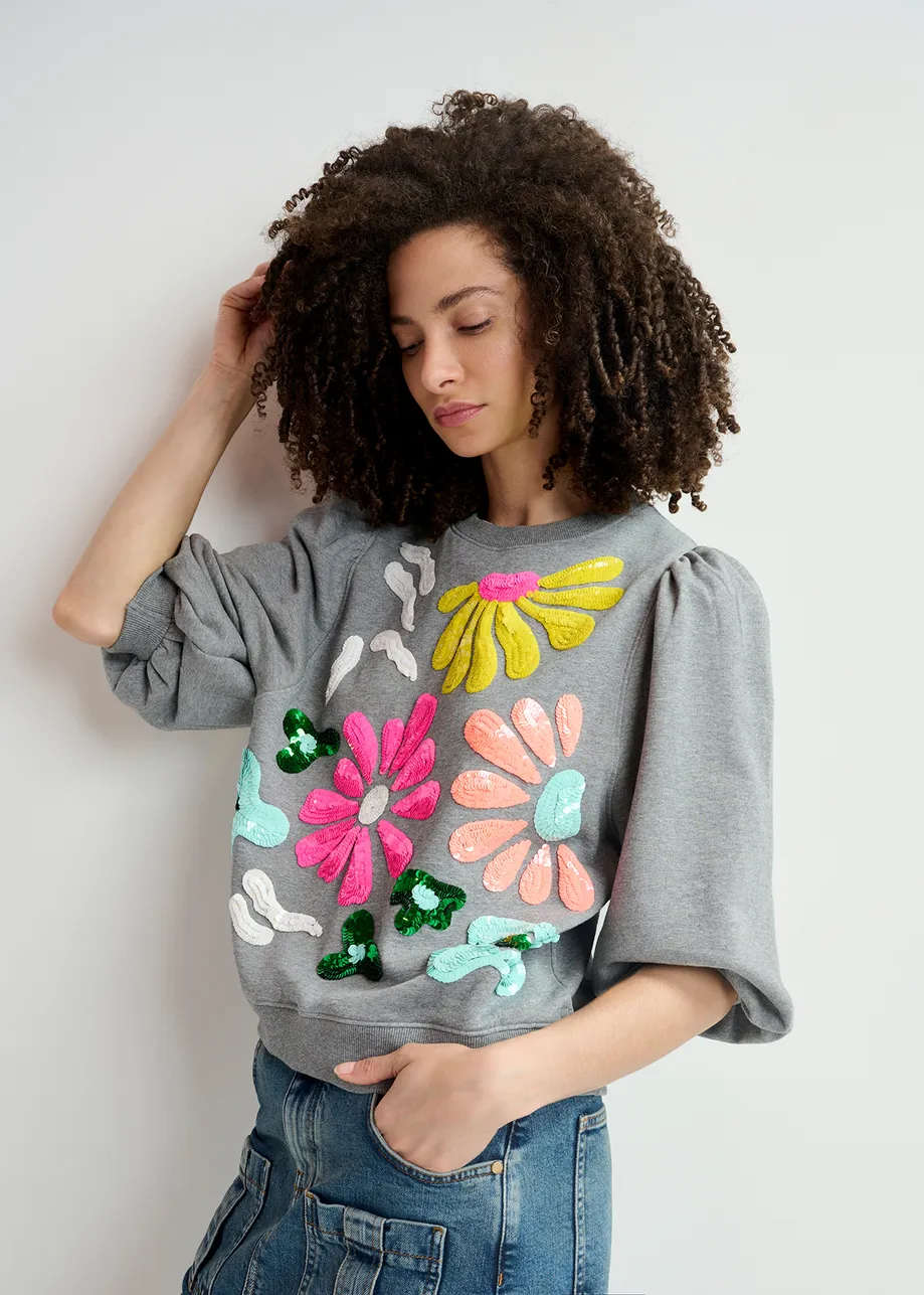 Grey organic cotton sweatshirt with multicolored sequin embroideries