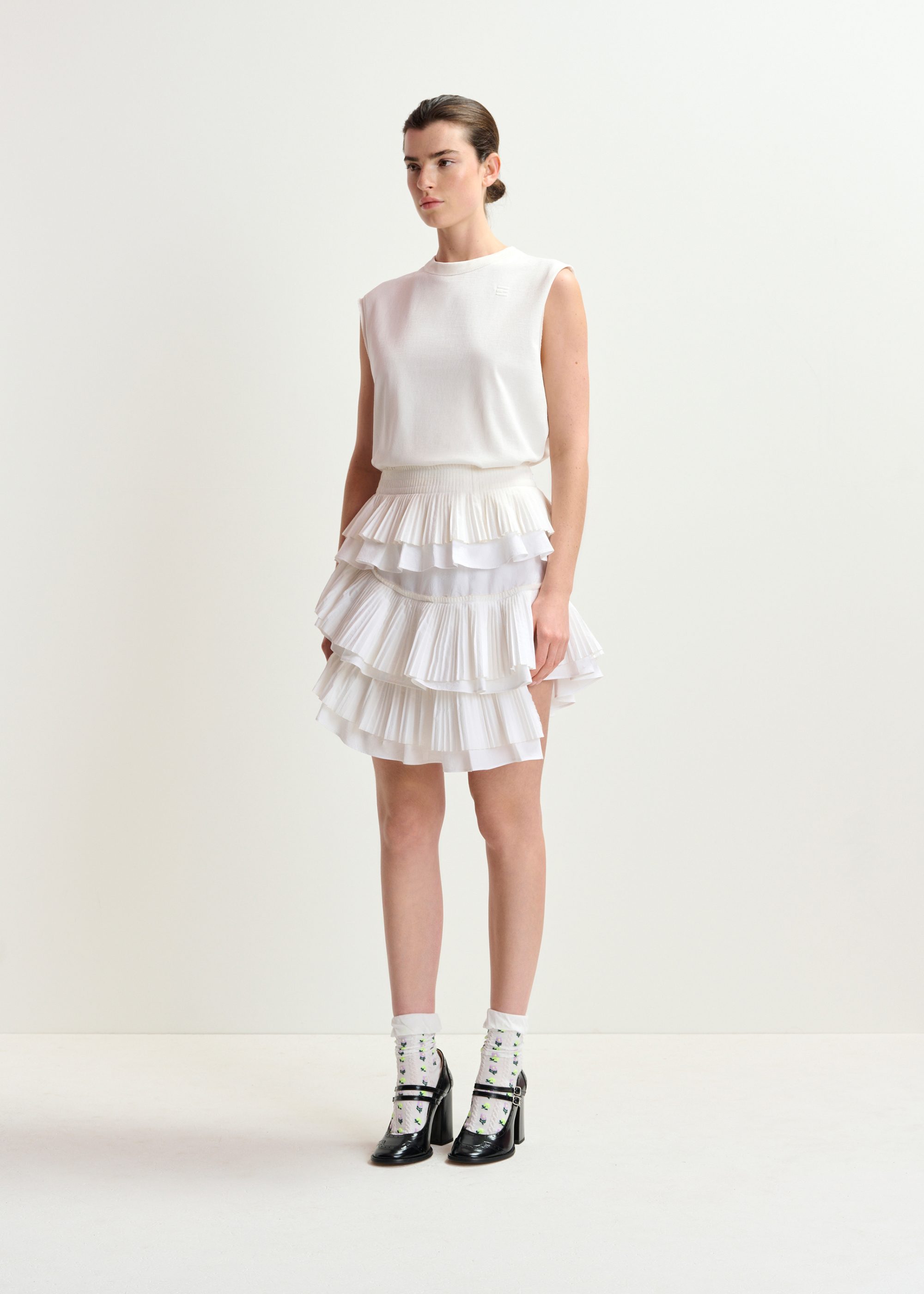 ミニスカート ESSENTIEL ANTWERP HUPAUL RUFFLE MINI SKIRT White asymetrical layered mini skirt | Essentiel Antwerp Italy