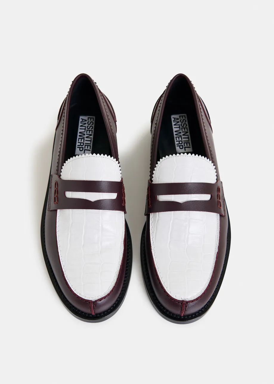 Burgundy and white leather loafers with croco-effect