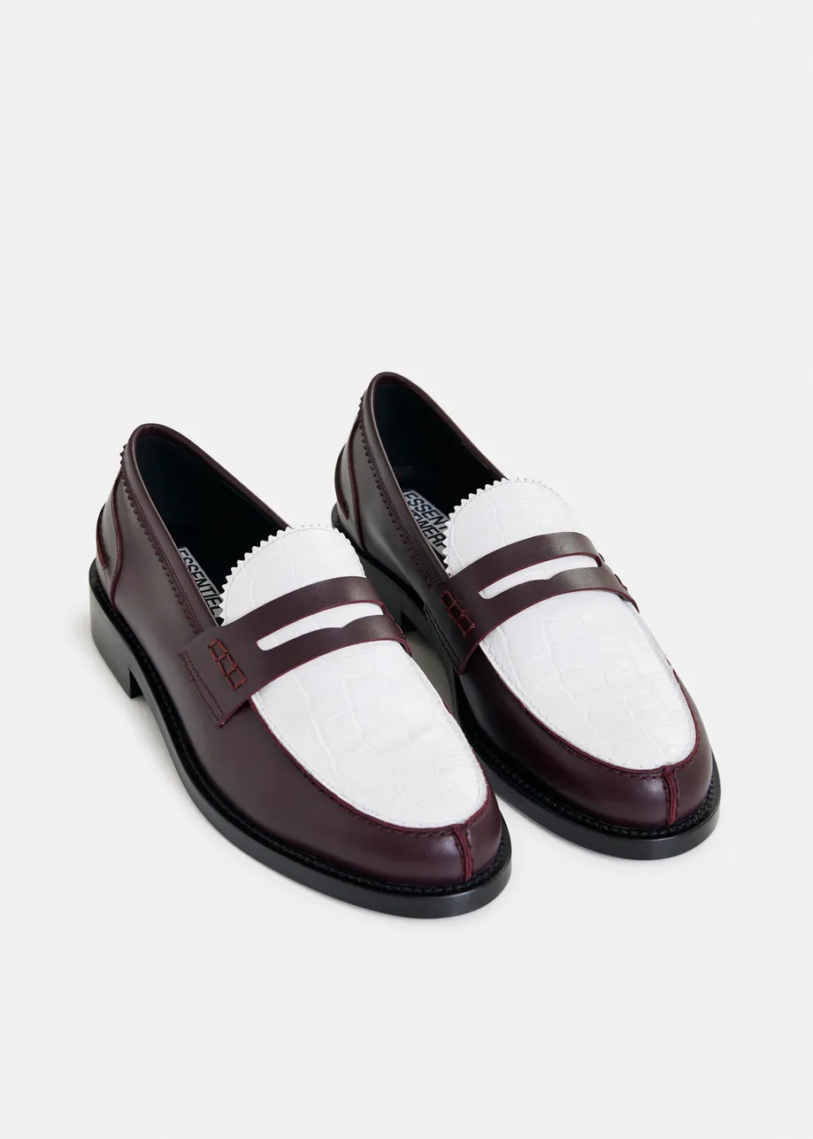 Burgundy and white leather loafers with croco-effect