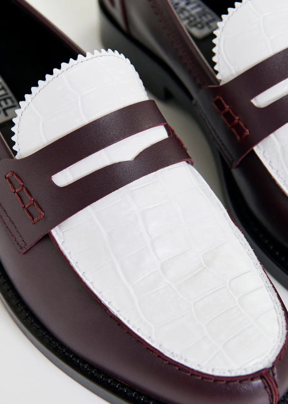 Burgundy and white leather loafers with croco-effect