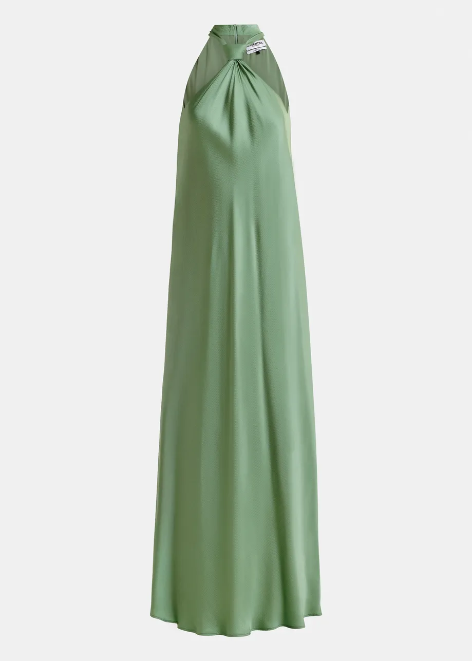 Khaki halterneck maxi-dress with knot detail