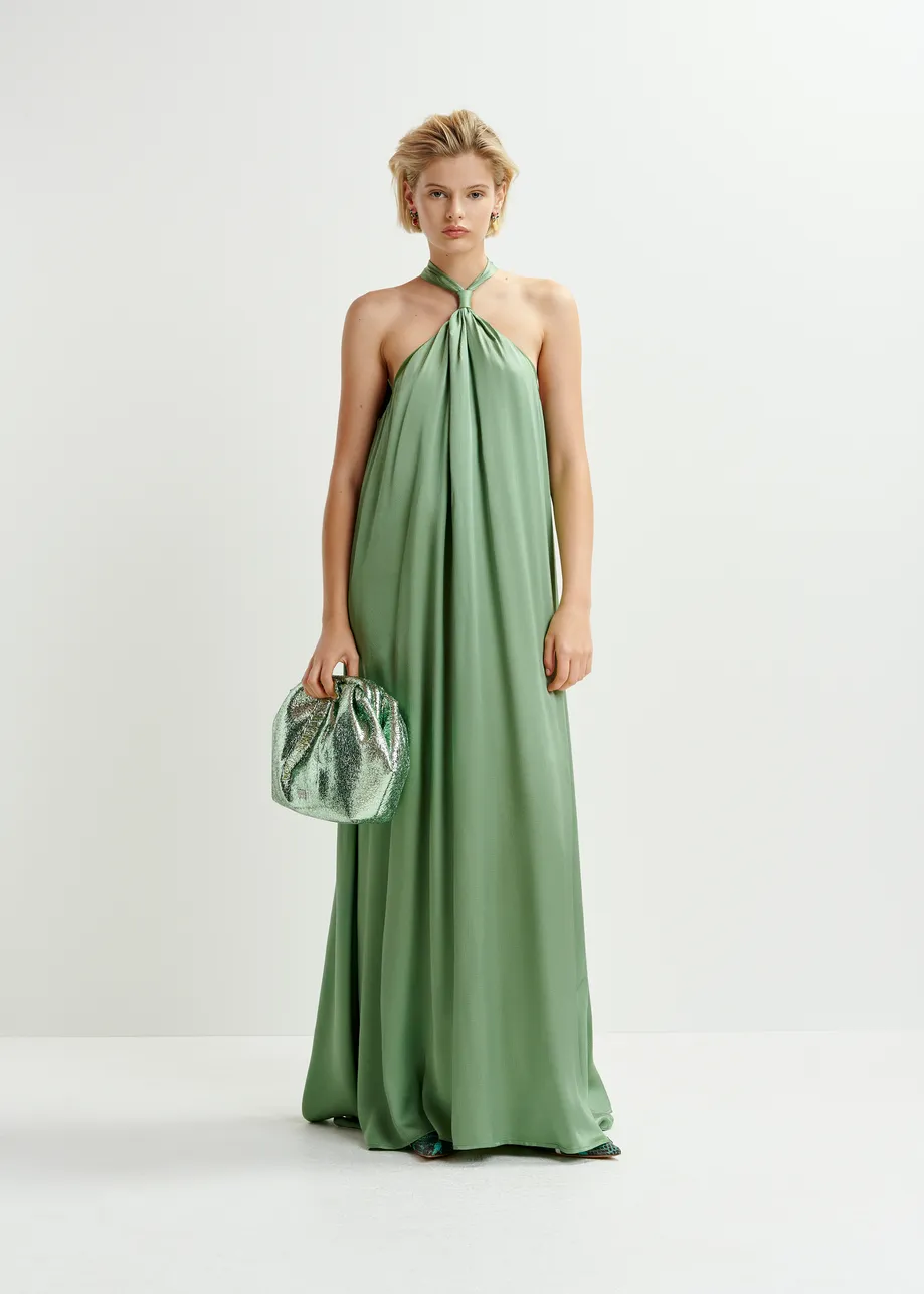 Khaki halterneck maxi-dress with knot detail