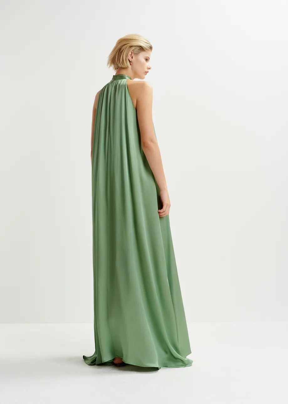 Khaki halterneck maxi-dress with knot detail