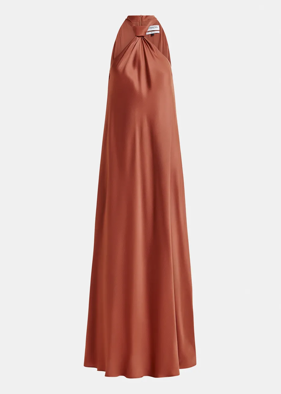 Bruine maxi-halterjurk met knoopdetail