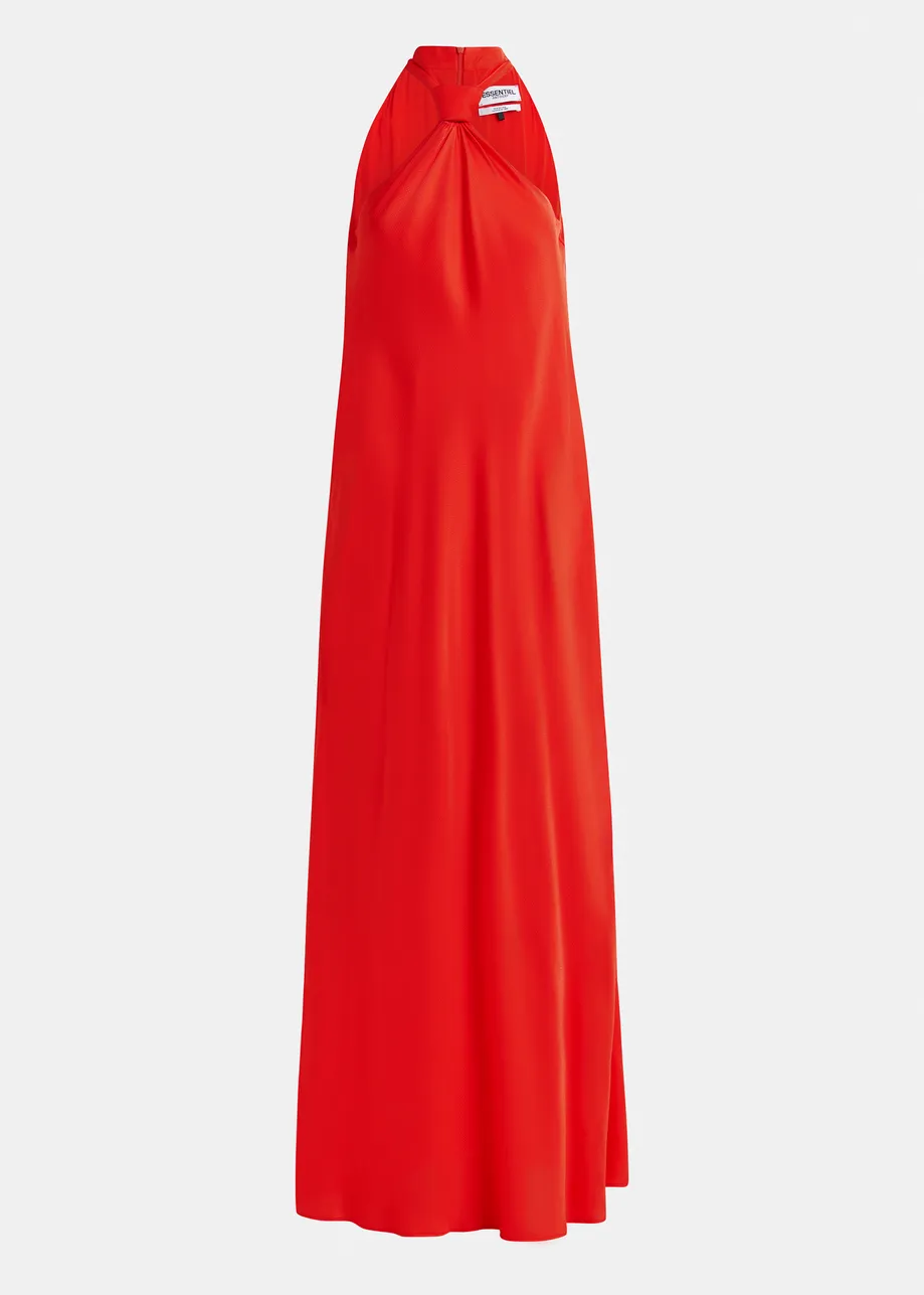 Robe longue rouge à encolure américaine et nœud