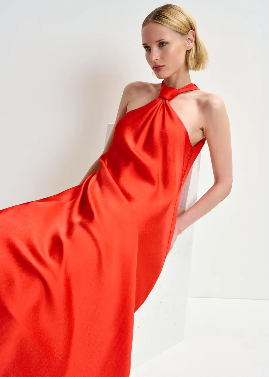 Red halterneck maxi-dress with knot detail