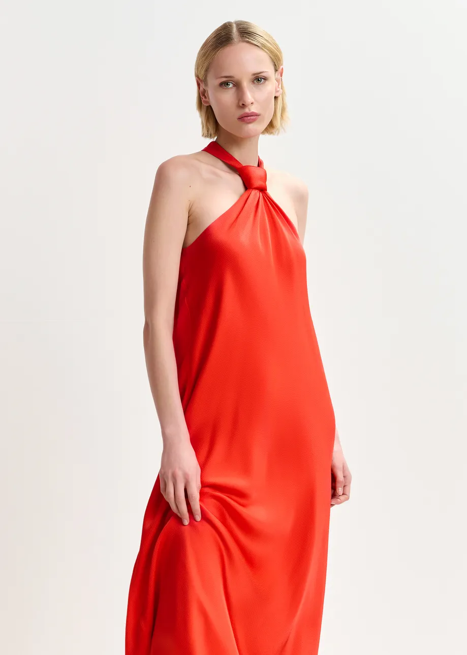 Red halterneck maxi-dress with knot detail