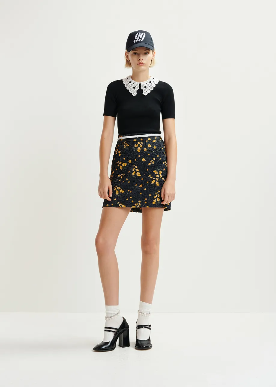 Black floral-print mini skirt