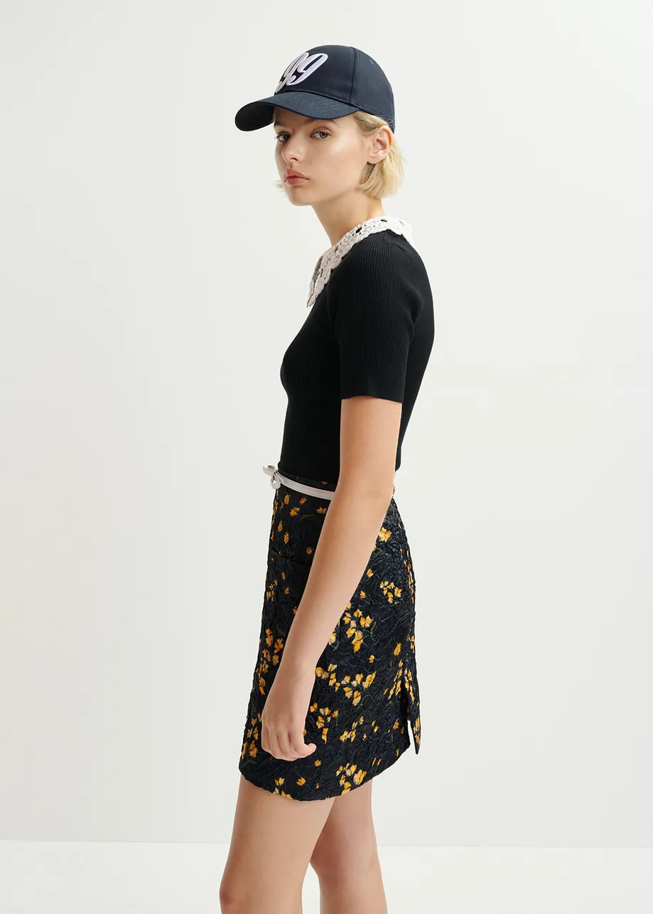 Black floral-print mini skirt