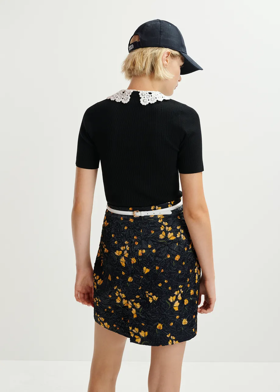 Black floral-print mini skirt