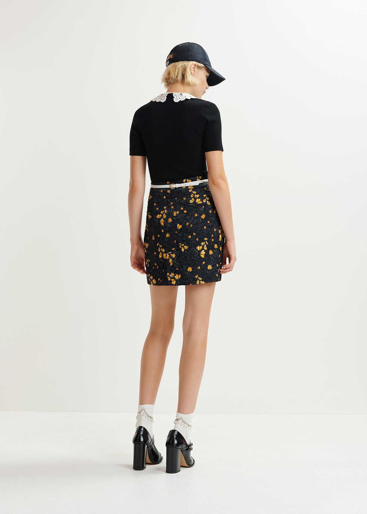 Black floral-print mini skirt | Essentiel Antwerp United States