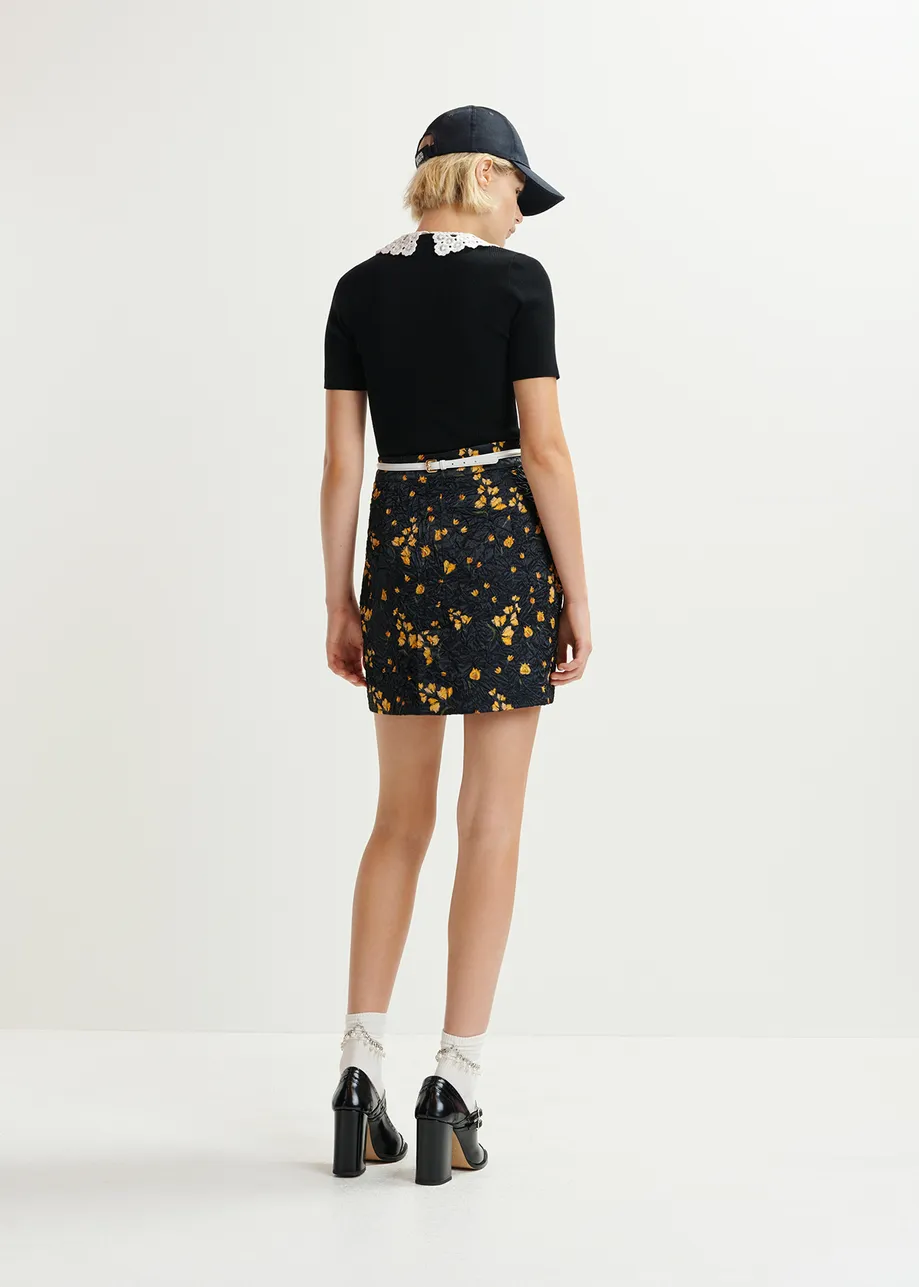 Black floral-print mini skirt