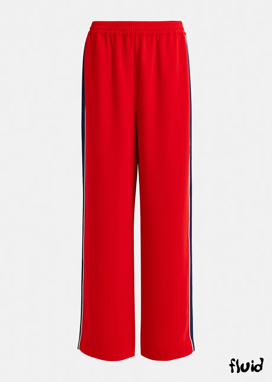 Red and dark blue wide-leg pants with contrast border