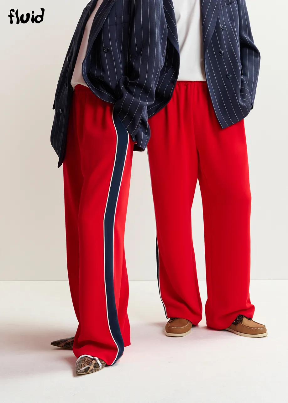 Red and dark blue wide-leg pants with contrast border